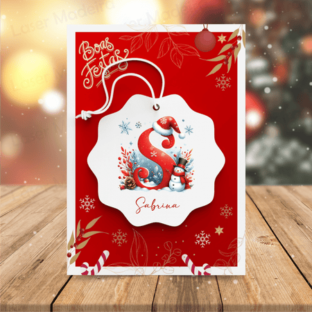 Bola de Natal Personalizada com Inicial - Boneco de Neve - Laser Madeira