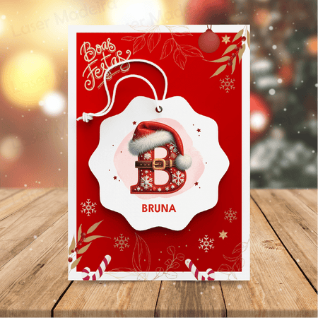 Bola de Natal Personalizada com Inicial - Chapéu de Natal - Laser Madeira