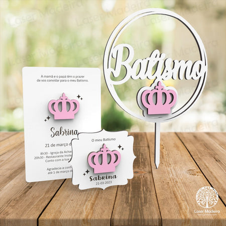 Convite Batismo / Primeira Comunhão / Profissão de Fé / Crisma e Lembrança íman com aplique Coroa - PACK - Laser Madeira