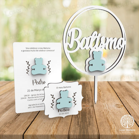 Convite Batismo / Primeira Comunhão / Profissão de Fé / Crisma + Lembrança íman com aplique Ursinho - PACK - Laser Madeira