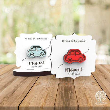 Lembrança Batismo / Primeira Comunhão / Profissão de Fé / Crisma / Aniversário com aplique Carro - Iman ou base - Laser Madeira