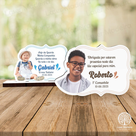 Lembrança Batismo / Primeira Comunhão / Profissão de Fé / Crisma / Aniversário com Fotografia e Mensagem - Laser Madeira