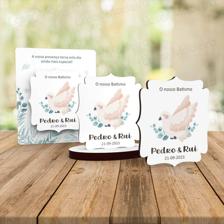 Lembrança Batismo / Primeira Comunhão / Profissão de Fé / Crisma / Aniversário com Pomba UV - Iman ou base - Laser Madeira