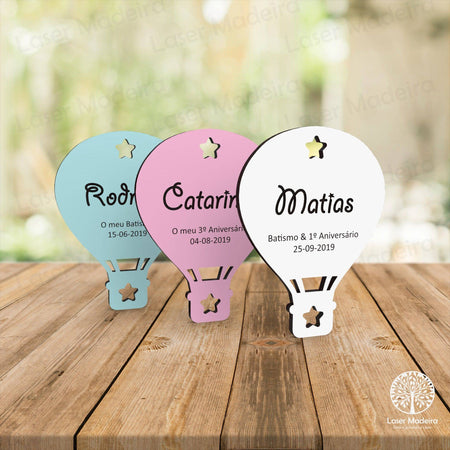 Lembrança Batismo / Primeira Comunhão / Profissão de Fé / Crisma - Balão de Ar Quente - Modelo 2 - Iman ou base - Laser Madeira