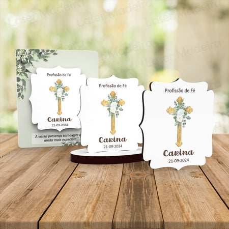 Lembrança Batismo / Primeira Comunhão / Profissão de Fé / Crisma com Cruz UV - Iman ou base - Laser Madeira