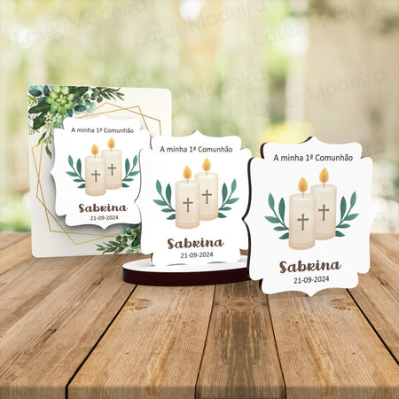Lembrança Batismo / Primeira Comunhão / Profissão de Fé / Crisma com Velas UV - Iman ou base - Laser Madeira