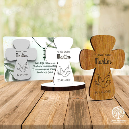 Lembrança Batismo / Primeira Comunhão / Profissão de Fé / Crisma Cruz - Iman ou base - Laser Madeira
