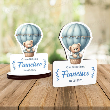 Lembrança Personalizada com Urso no Balão Azul - Iman ou base - Laser Madeira