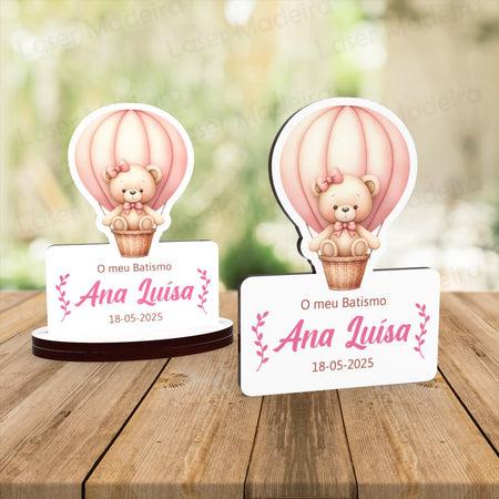 Lembrança Personalizada com Urso no Balão Rosa - Iman ou base - Laser Madeira