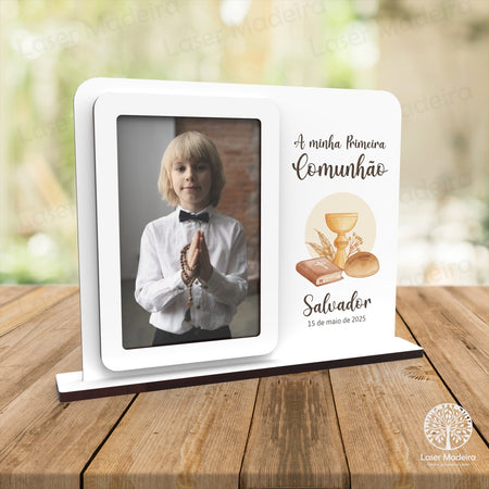 Moldura Personalizada com Cálice, Pão e Bíblia - Laser Madeira