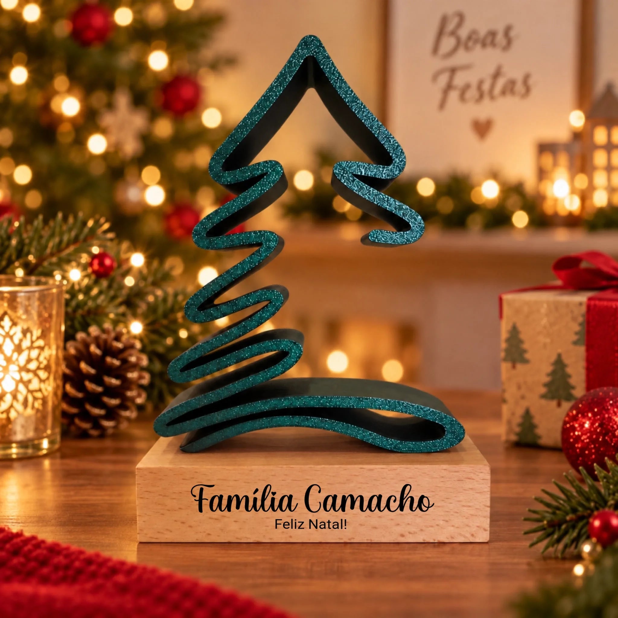 Árvore de Natal 3D com Base de Madeira Personalizada - Laser Madeira