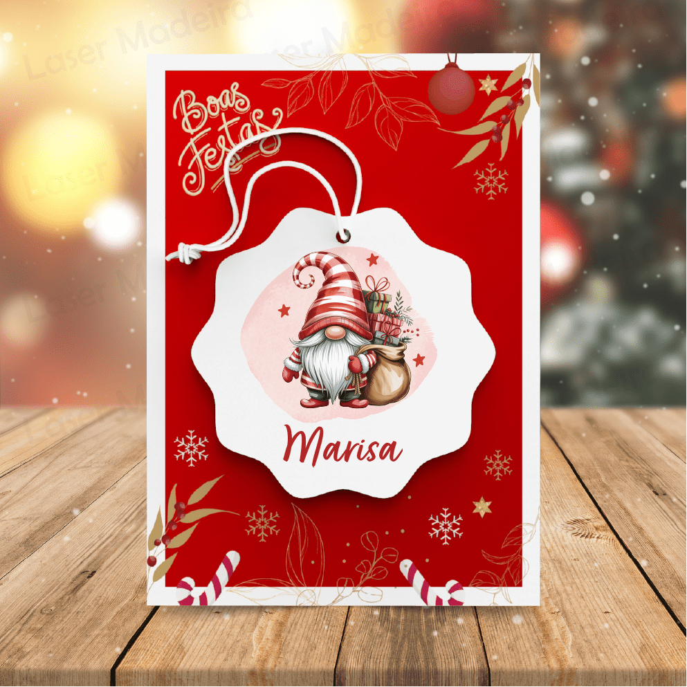 Bola de Natal Personalizada com Gnomo com Presentes - Laser Madeira