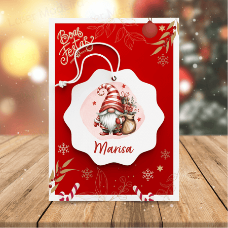 Bola de Natal Personalizada com Gnomo com Presentes - Laser Madeira
