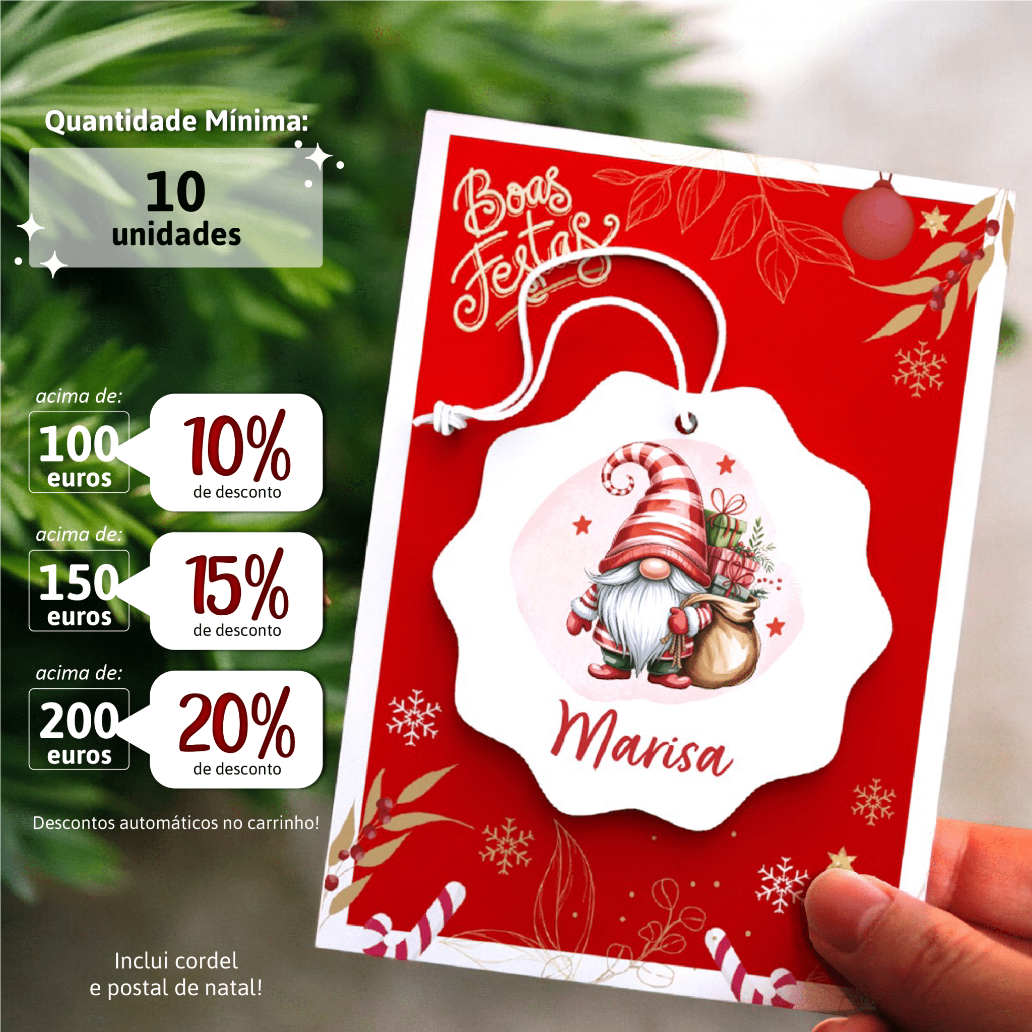 Bola de Natal Personalizada com Gnomo com Presentes (min. 10unidades) - Laser Madeira