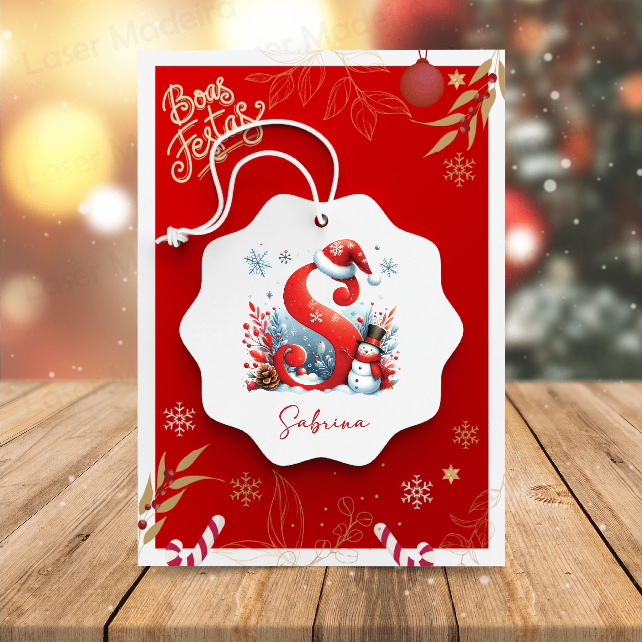 Bola de Natal Personalizada com Inicial - Boneco de Neve - Laser Madeira
