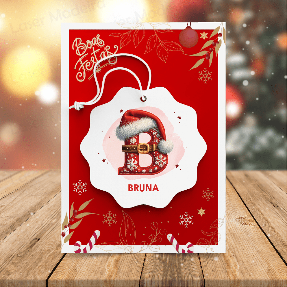Bola de Natal Personalizada com Inicial - Chapéu de Natal - Laser Madeira