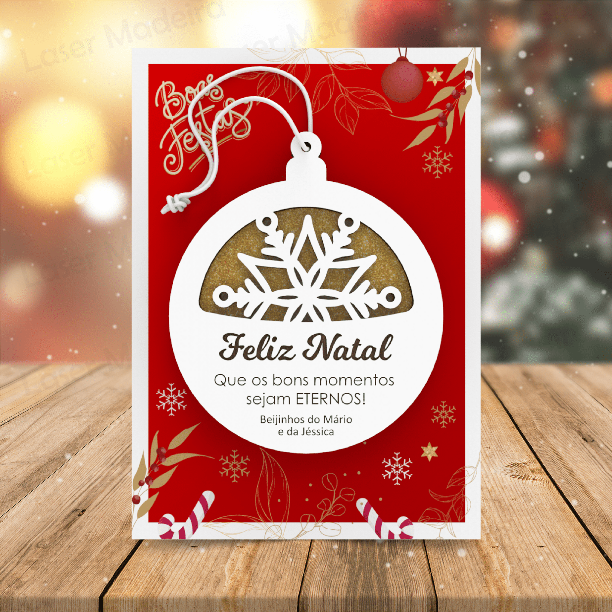 Bola de Natal Personalizada com Mensagem (com fundo) - Laser Madeira
