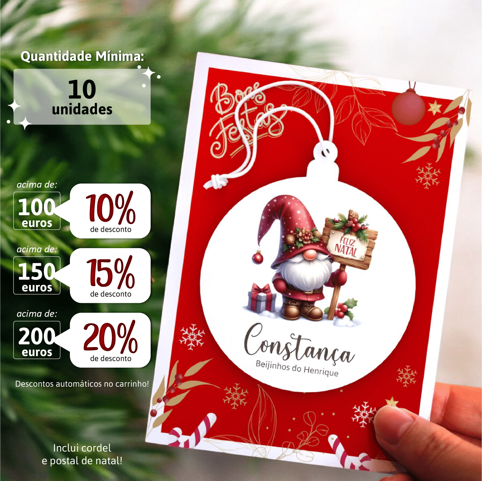 Bola de Natal Personalizada com Nome e Gnomo de Natal - Modelo 2 (min. 10unidades) - Laser Madeira