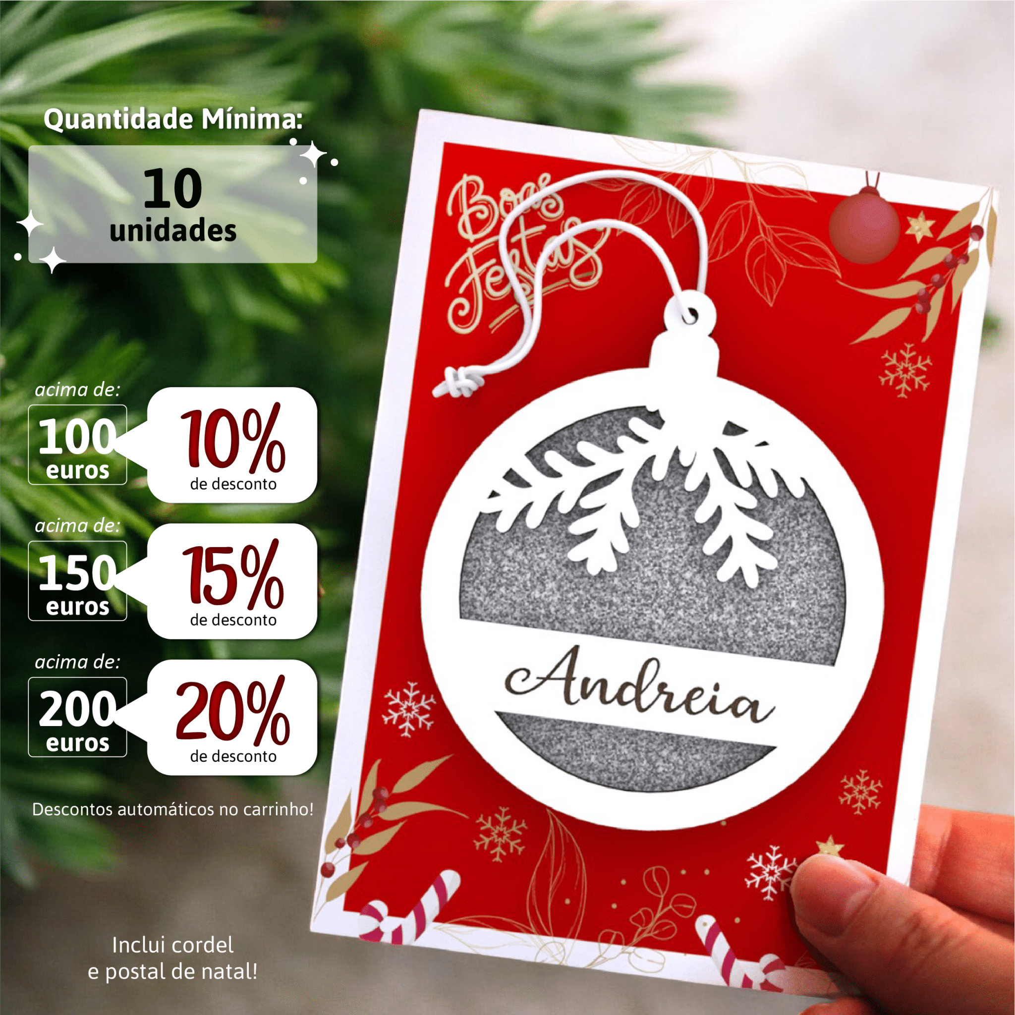 Bola de Natal Personalizada com Nome - Modelo 1 - com fundo (min. 10unidades) - Laser Madeira