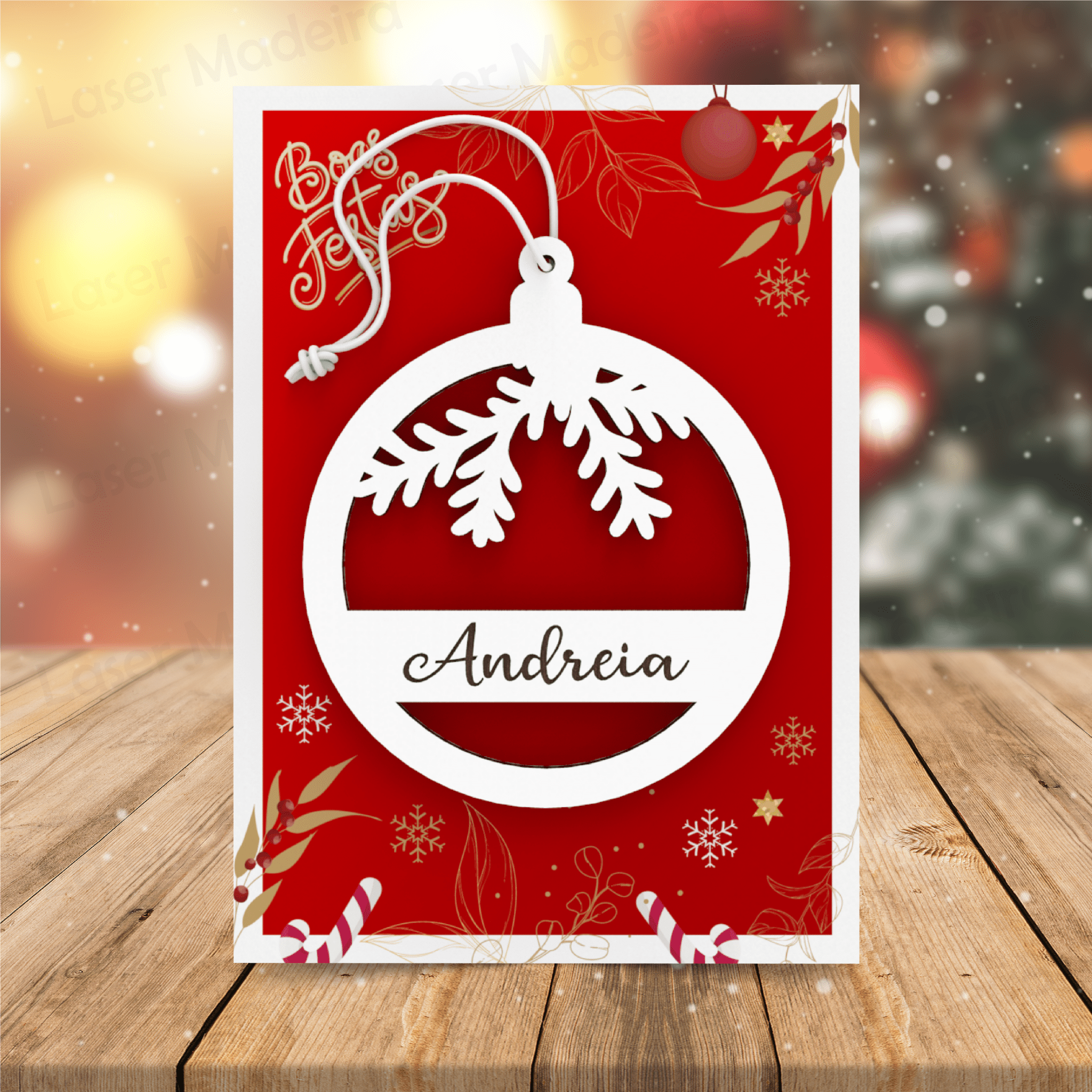 Bola de Natal Personalizada com Nome - Modelo 1 (sem fundo) - Laser Madeira