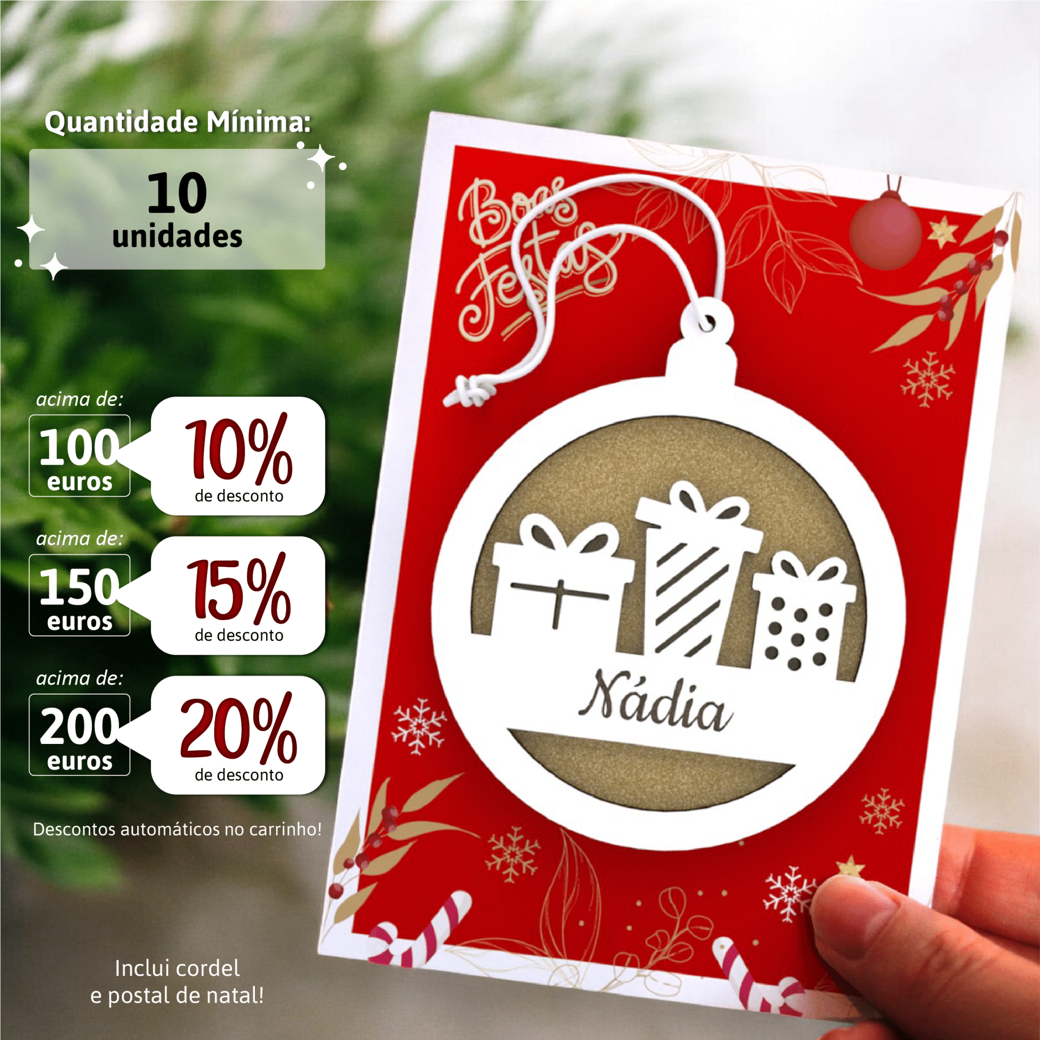 Bola de Natal Personalizada com Nome - Modelo 2 - com fundo (min. 10unidades) - Laser Madeira