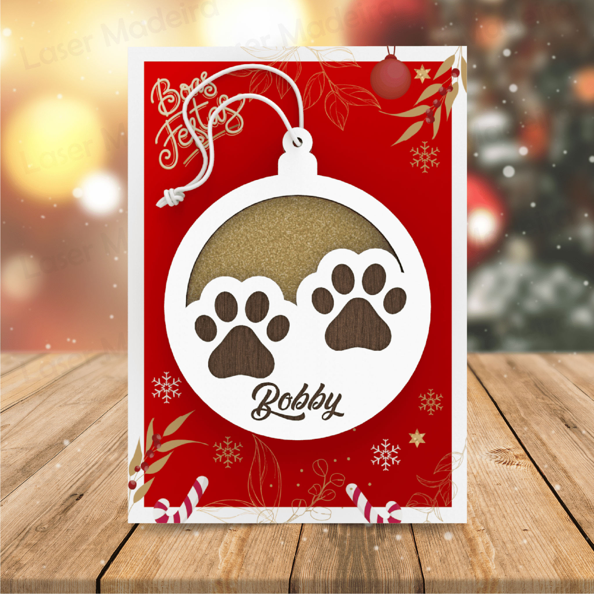 Bola de Natal Personalizada com Patinhas e nome - Modelo 1 - Laser Madeira