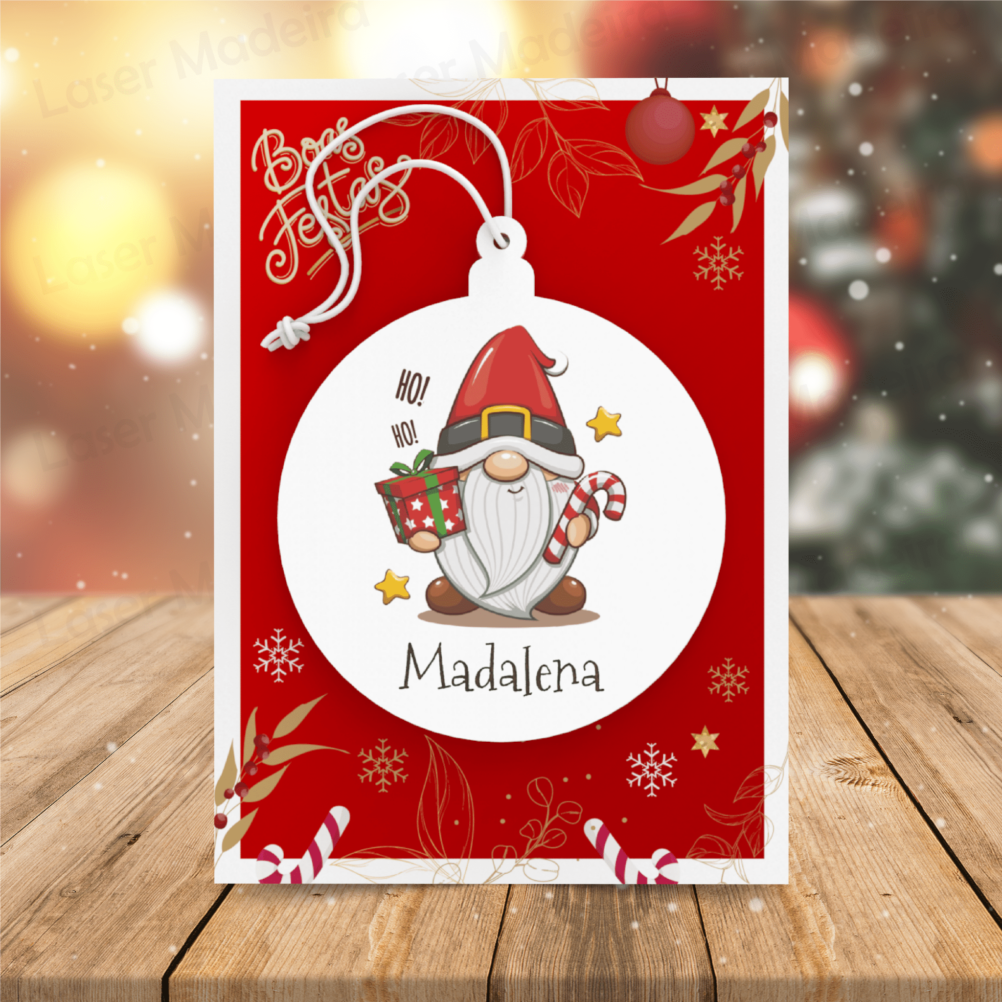 Bola de Natal Personalizada Gnomo com nome - Laser Madeira