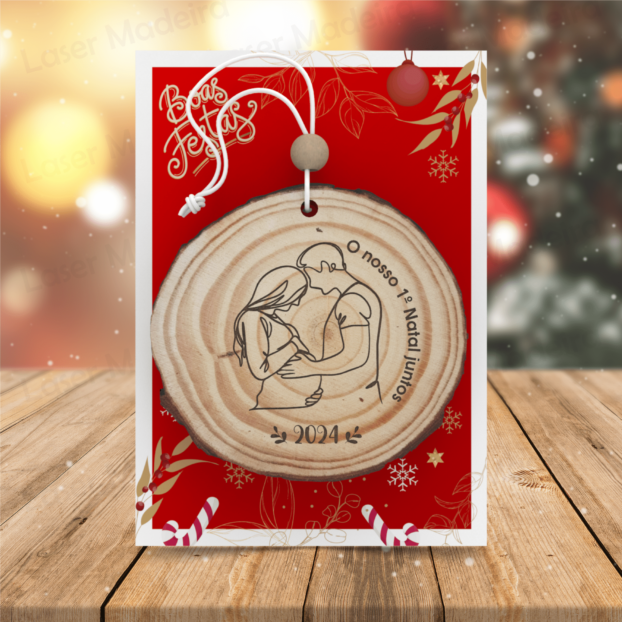 Bola de Natal Personalizada Tronco de Árvore - Casal - Laser Madeira