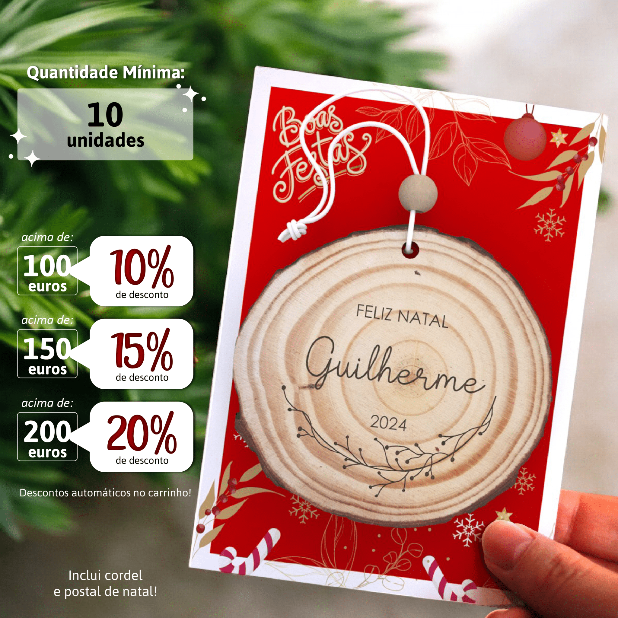 Bola de Natal Personalizada Tronco de Árvore com nome - Modelo 4 (min. 10unidades) - Laser Madeira