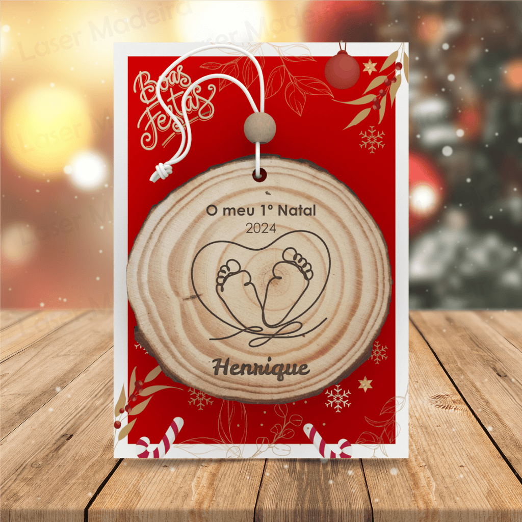 Bola de Natal Personalizada Tronco de Árvore - Pezinhos de Bebé - Laser Madeira