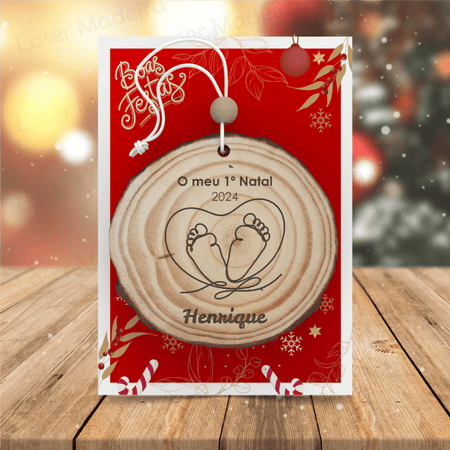 Bola de Natal Personalizada Tronco de Árvore - Pezinhos de Bebé - Laser Madeira