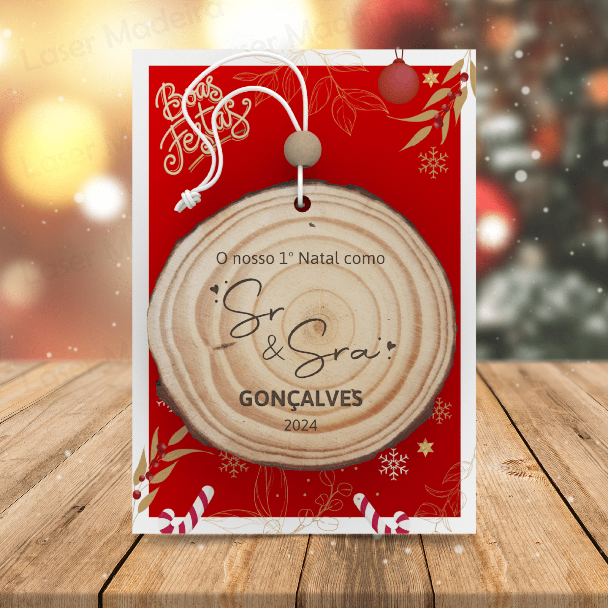 Bola de Natal Personalizada Tronco de Árvore - Sr. & Sra. - Laser Madeira
