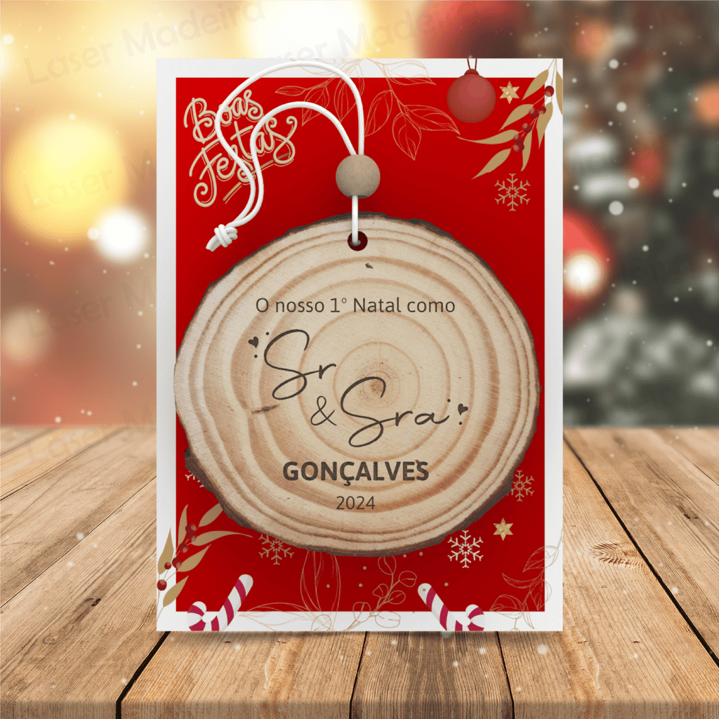 Bola de Natal Personalizada Tronco de Árvore - Sr. & Sra. - Laser Madeira