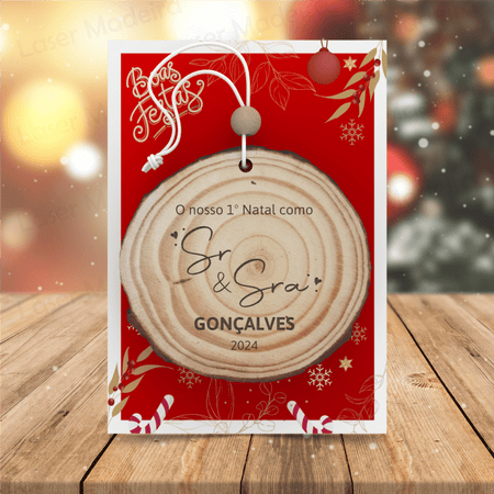 Bola de Natal Personalizada Tronco de Árvore - Sr. & Sra. - Laser Madeira