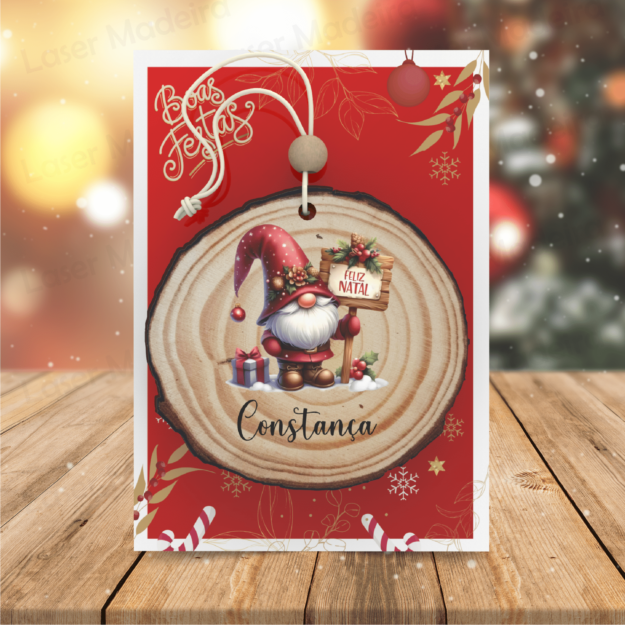 Bola Tronco de Árvore Personalizada com Gnomo de Natal - Modelo 2 - Laser Madeira