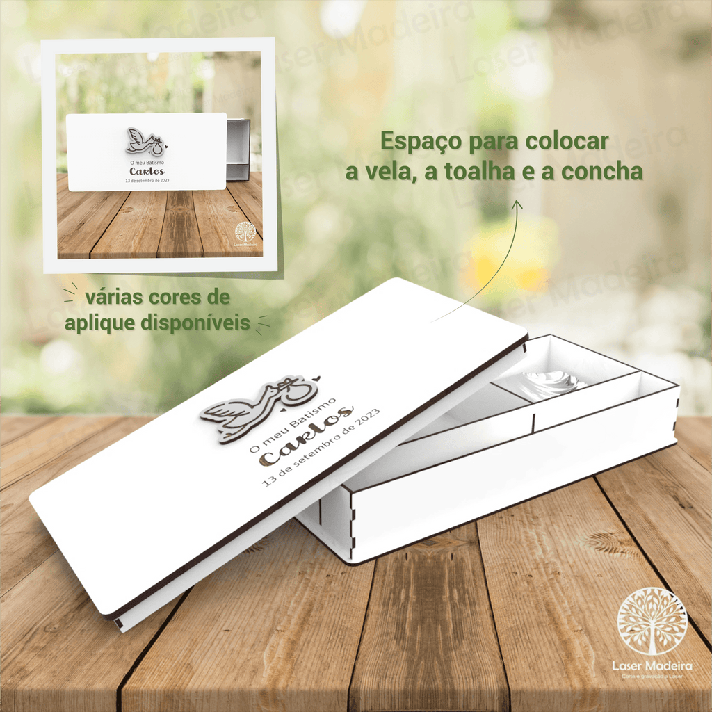 Caixa para Batismo - com aplique Cegonha - Laser Madeira