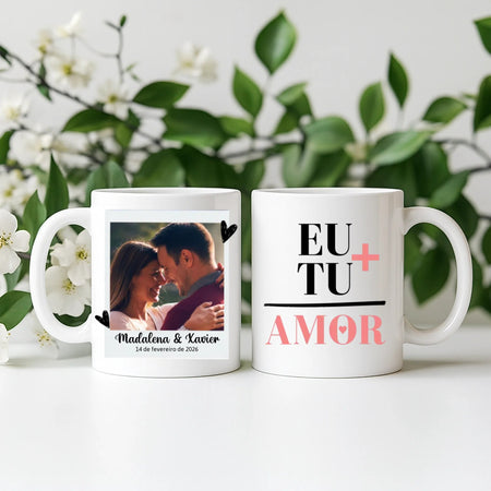 Caneca Dia dos Namorados - "Eu + Tu = AMOR" - Laser Madeira