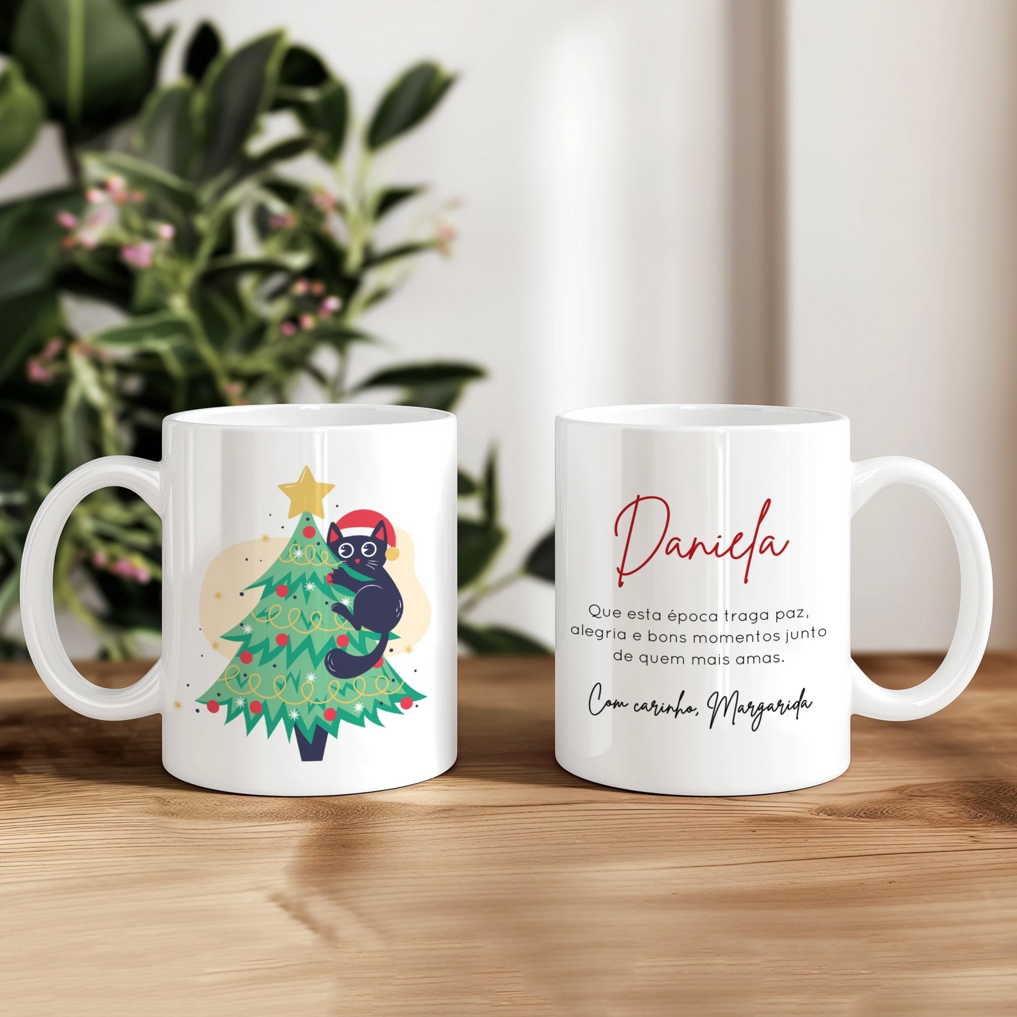 Caneca Personalizada de Natal - com Gato na Árvore - Laser Madeira