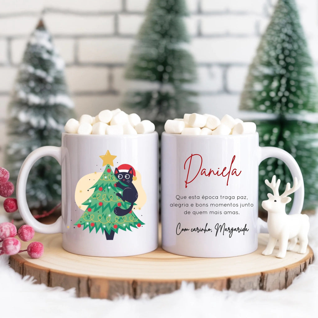 Caneca Personalizada de Natal - com Gato na Árvore - Laser Madeira
