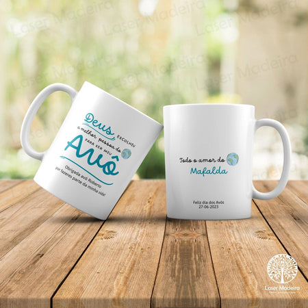 Caneca Personalizada para Avós - "Deus Escolheu" - Laser Madeira