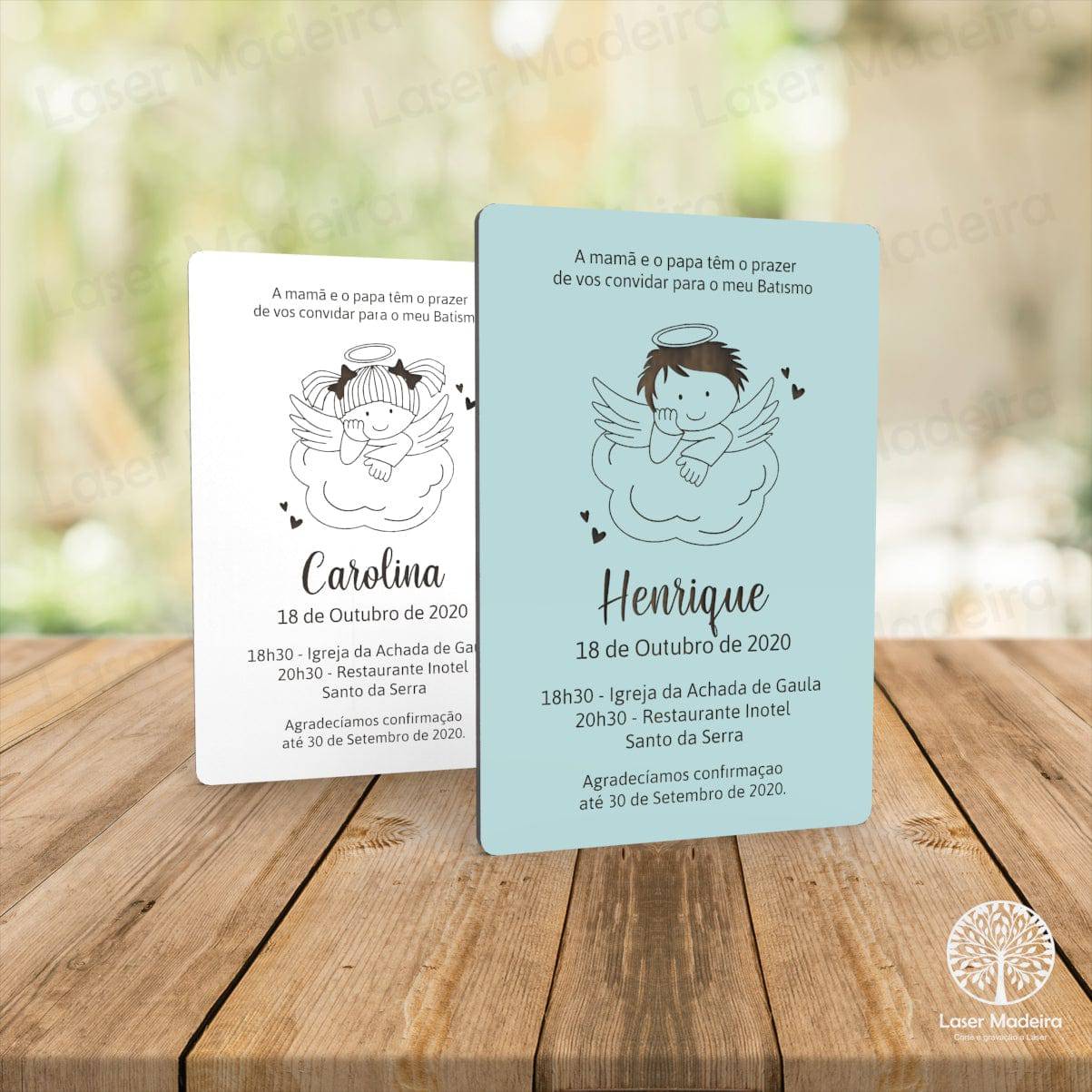 Convite Batismo / Primeira Comunhão / Profissão de Fé / Crisma - Retangular Vertical - Modelo 7 - Laser Madeira