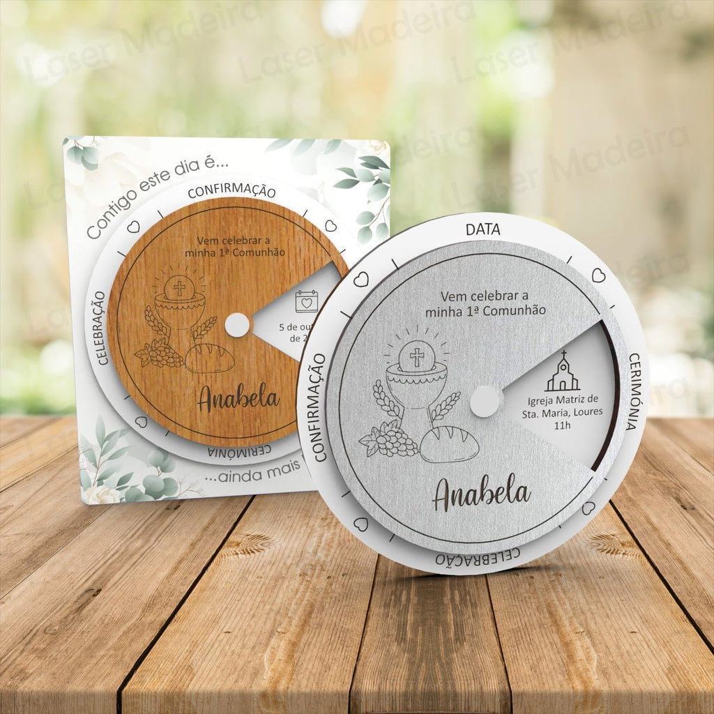 Convite Circulo Personalizado para Batismo/ Primeira Comunhão/ Crisma/ Profissão de Fé com Cálice, Uvas e Pão - Laser Madeira