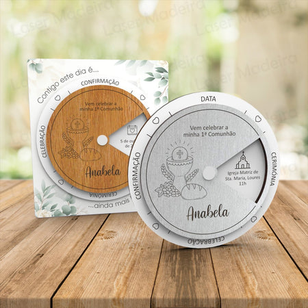 Convite Circulo Personalizado para Batismo/ Primeira Comunhão/ Crisma/ Profissão de Fé com Cálice, Uvas e Pão - Laser Madeira
