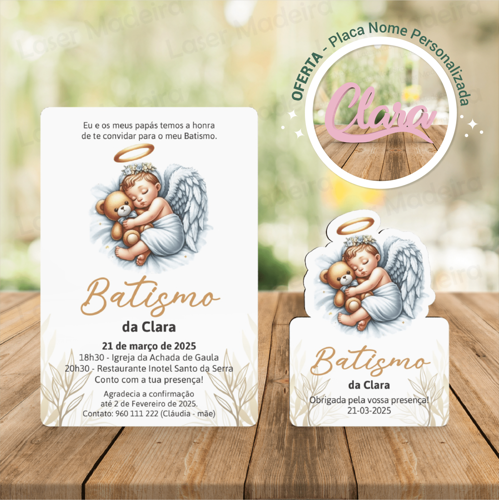 Convite e Lembrança Batismo - Anjo - PACK - OFERTA de Placa nome - Laser Madeira