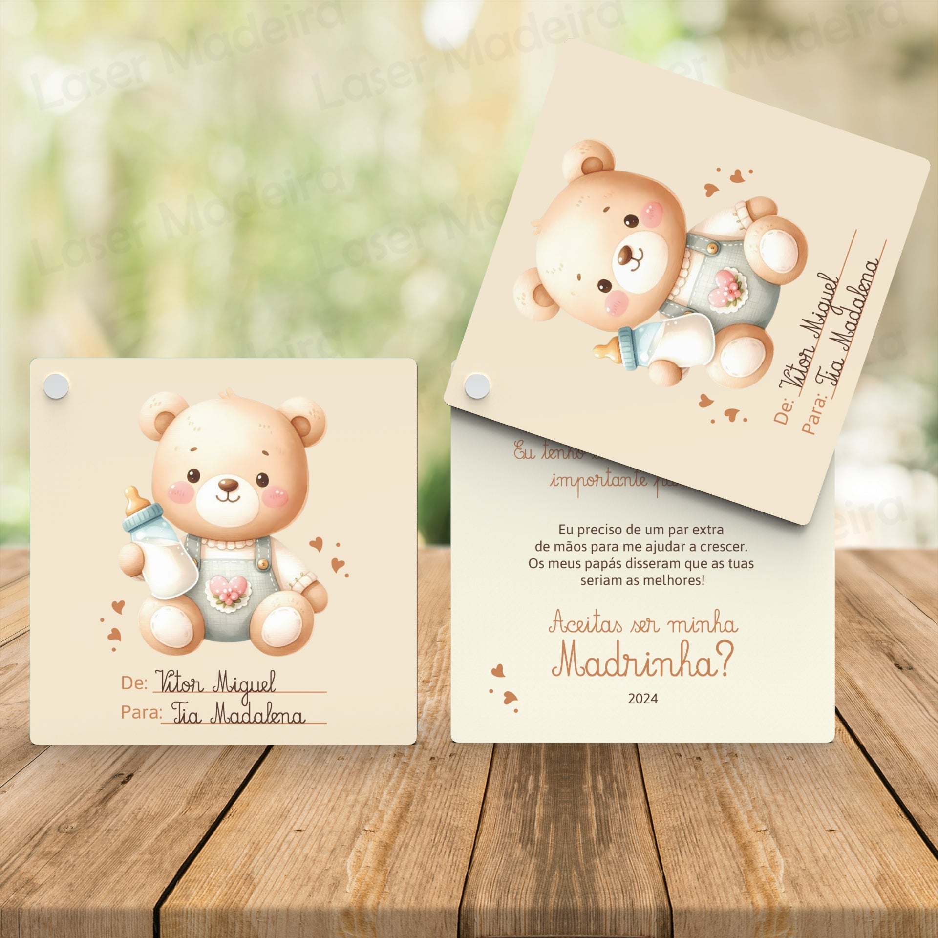 Convite para Padrinhos - Ursinho (a cores) - Laser Madeira