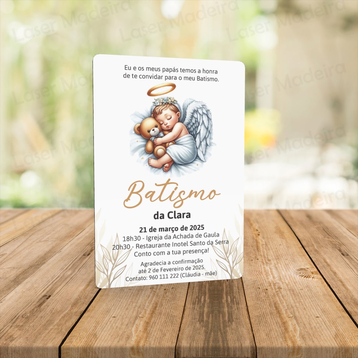Convite Personalizado para Batismo com Anjo - Laser Madeira