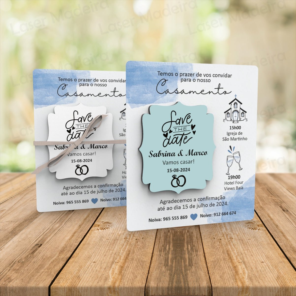 Convite Personalizado para Casamento com Íman e Cartão - Save The Date - Azul - Laser Madeira