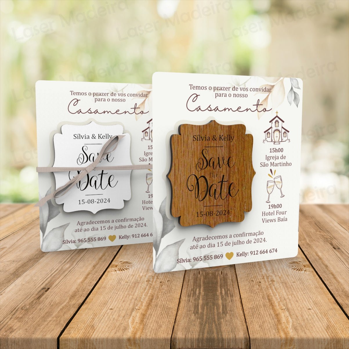 Convite Personalizado para Casamento com Íman e Cartão - Save The Date - Folhas - Laser Madeira