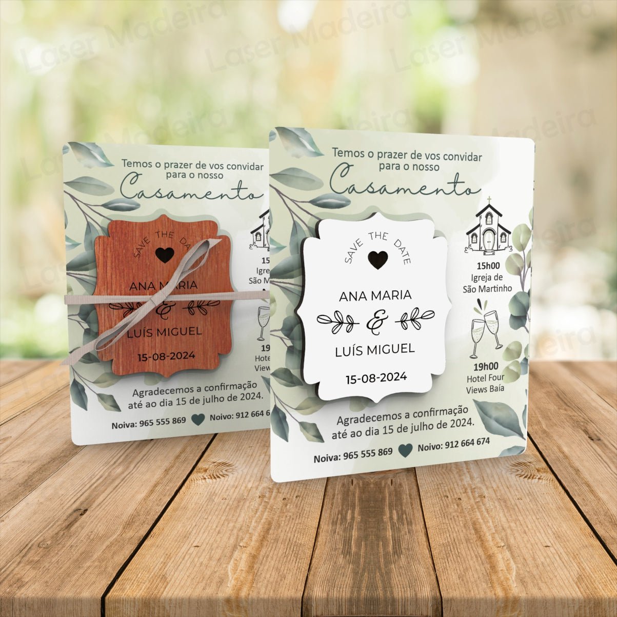 Convite Personalizado para Casamento com Íman e Cartão - Save The Date - Folhas Verdes - Laser Madeira