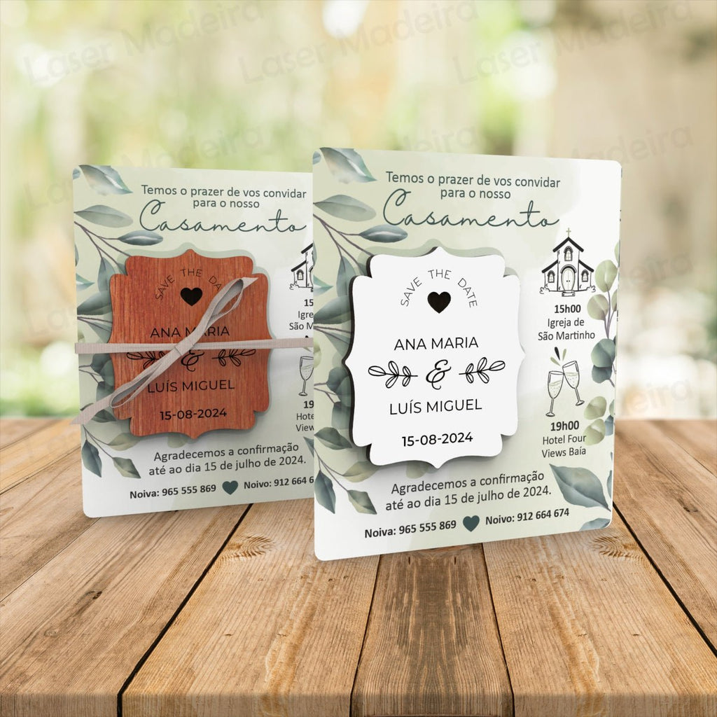 Convite Personalizado para Casamento com Íman e Cartão - Save The Date - Folhas Verdes - Laser Madeira